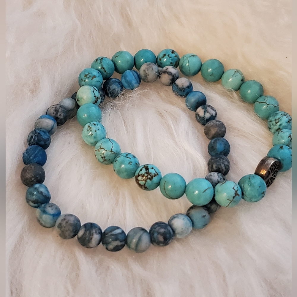 Gorgeous Turquoise & Sodalite Bracelet Set Stretchy Sz.6.5-7